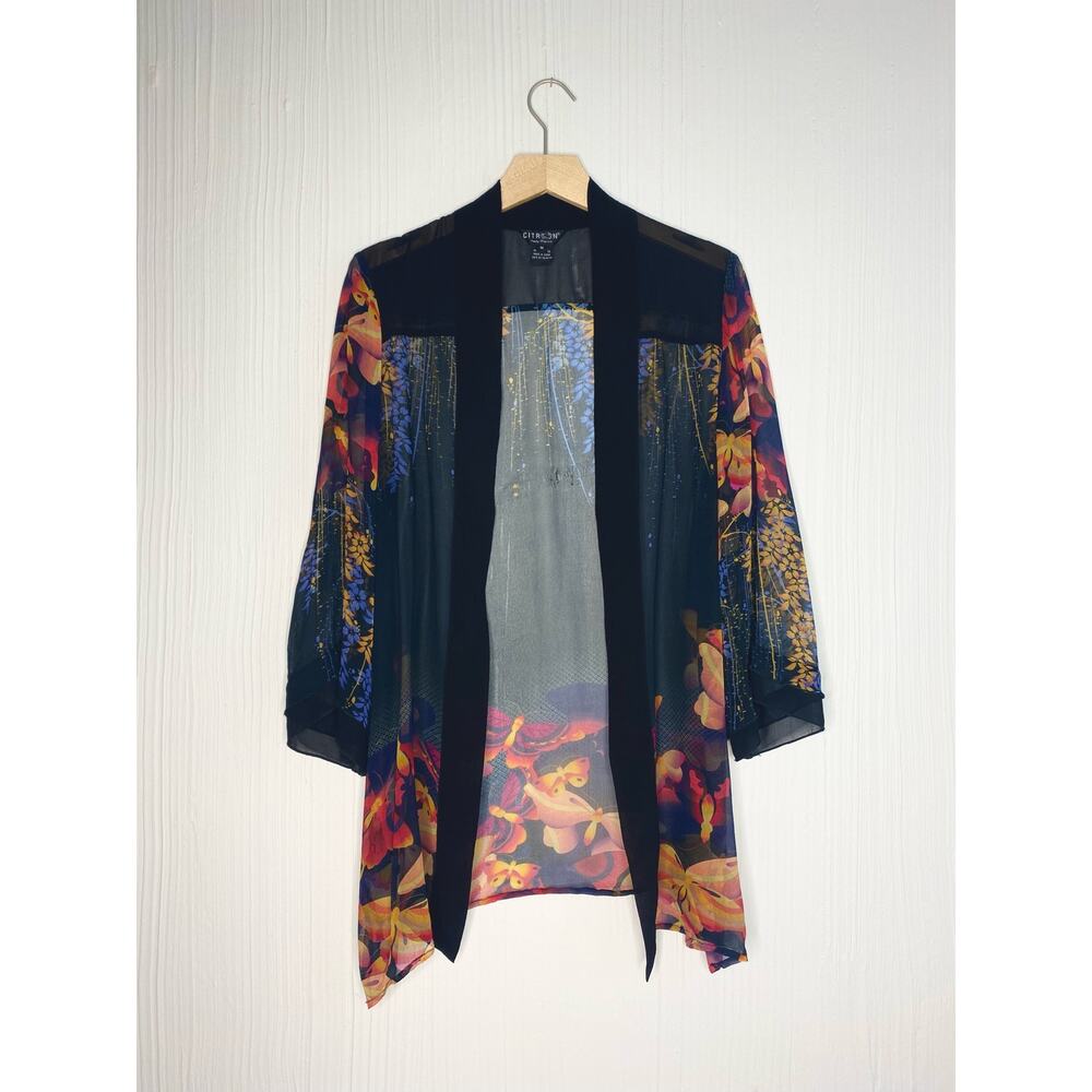 CITRON Black Sheer Silk Kimono Floral Butterflies US MEDIUM - Picture 10 of 15